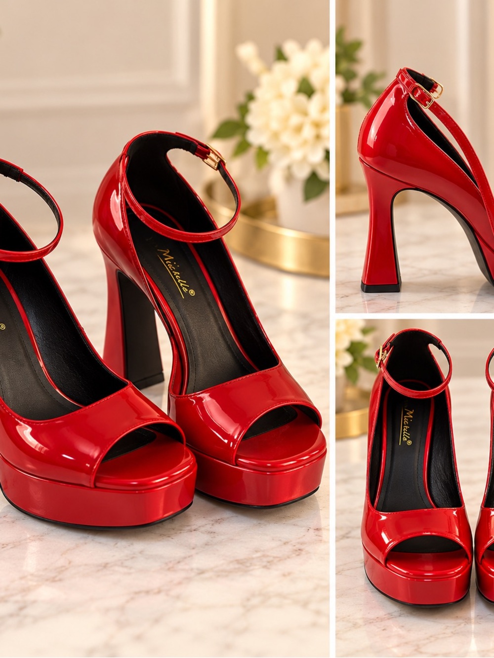 Red Patent Platform Ankle-Strap Heels by